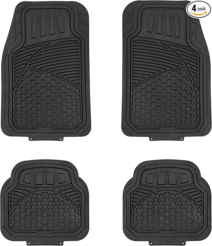 Amazon Basics Heavy Duty Thick PVC Car Floor Mats, Anti-Slip, Easy to Clean, Universal Trim-to-Fit All-Weather for Automotive SUV Sedans Trucks, 4-Piece, Solid Black