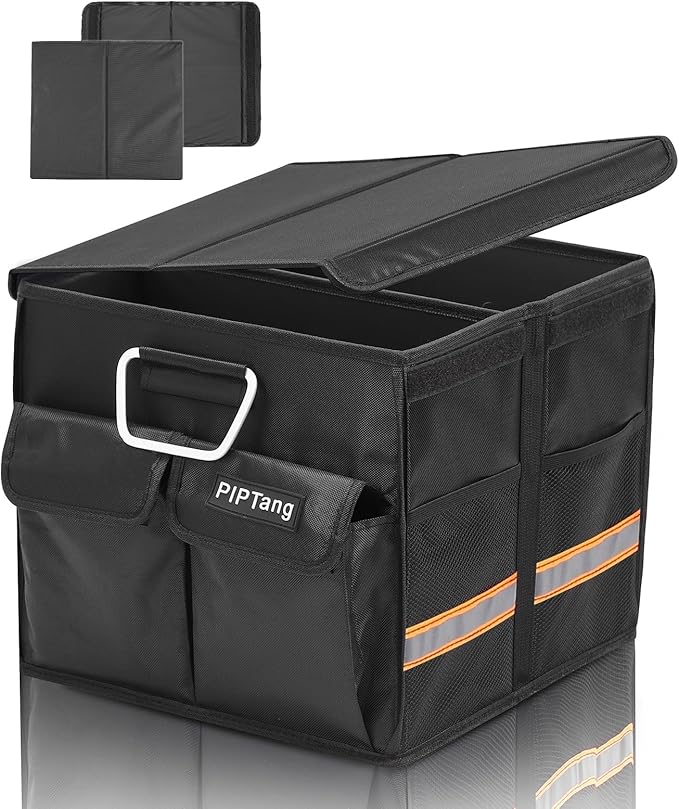 PIPTang Trunk Storage Organizer with Lid, 35cm Small 36L Collapsible Car Trunk Organizer,Small Car Organizer Aluminium Handle, Car Accessories for Sedan Auto SUV Truck Minivan Road Emergency Black