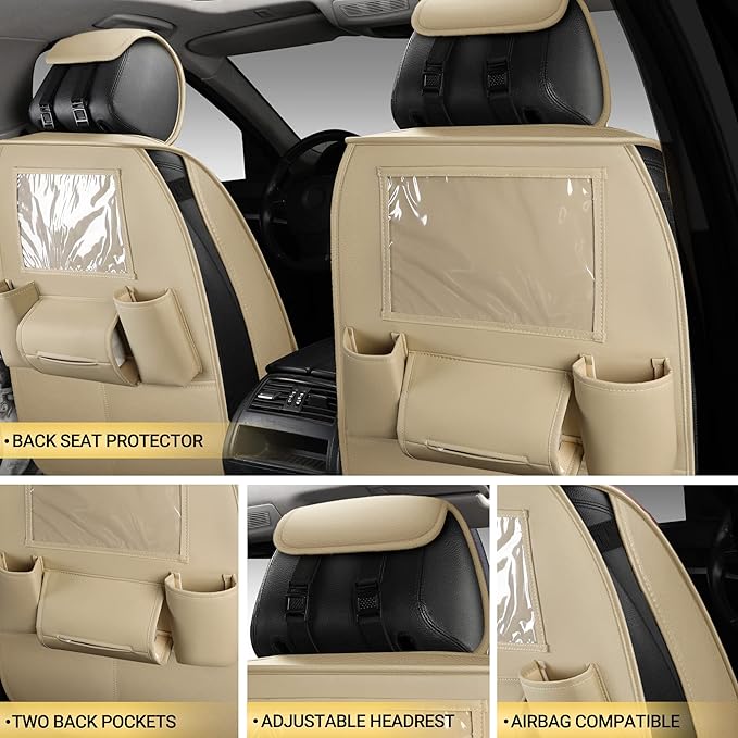 AOOG Leather Car Seat Covers with Car Backseat Organizer, Universal fit Automotive Vehicle Most Sedan SUV Pick-up Truck (Full Set, Beige)