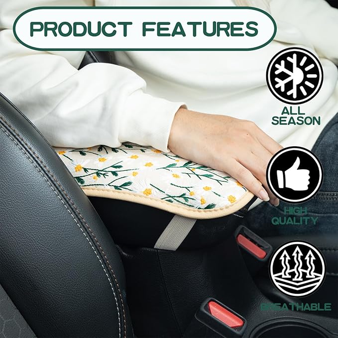 Embroidered Flowers White Cute Daisy Car Armrest Storage Box Mat,Embroidered Car Center Console Cover, Car Armrest Seat Box Cover Accessories Interior Protection for Most Vehicle, SUV, Truck, Car