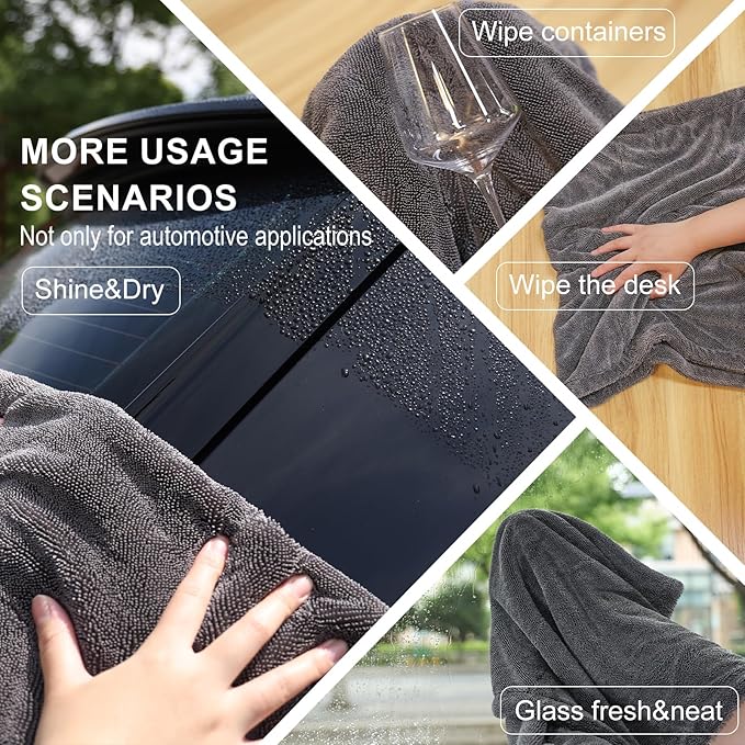 Singrune 2 Pack XL Car Drying Towel – 1300GSM Ultra Absorbent Microfiber, 24"x36" Large Size, Twisted Loop, Lint-Free & Streak-Free for Auto Detailing, Car, SUV, Truck (Gray-Gray)