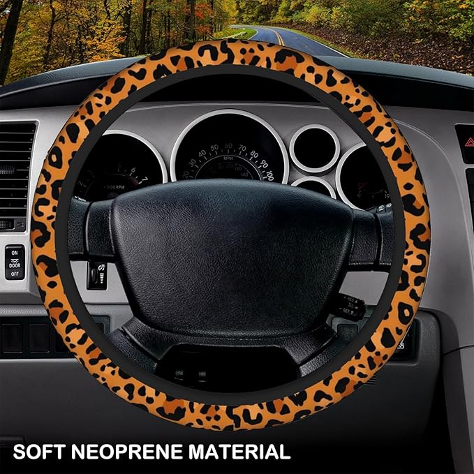 Animal Leopard Print Cheetah Steering Wheel Cover, Non-Slip Breathable Neoprene Steering Wheel Covers, Women Car Accessories Universal 15 Inch Fit Auto, Suvs, Truck