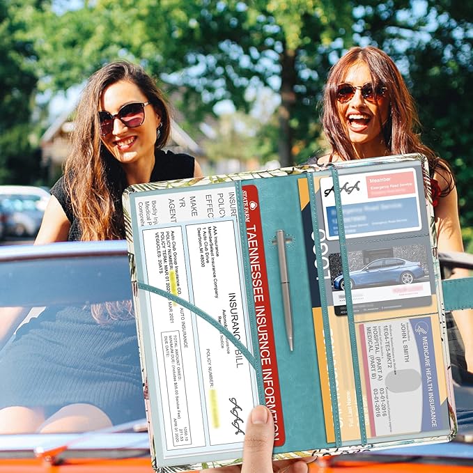 DMLuna Car Registration and Insurance Holder, Leather Vehicle Card Document Glove Box Organizer, Auto Truck Compartment Accessories for Essential Information, Driver License Cards, Coconut Tree