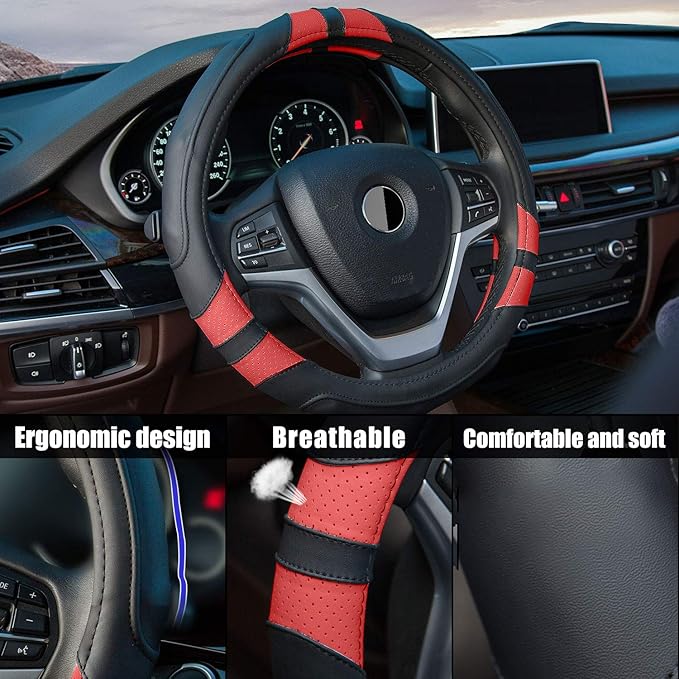 Achiou Red Car Steering Wheel Cover Universal 15 inch with Grip Contours, Leather Auto for Men and Women Non-Slip Breathable Soft and Comfortable