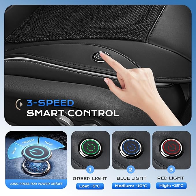 Coverado Cooling Car Seat Cover with High-Velocity Turbo Fan, Powerful Blowing & Suction Pad, 12V-24V Ventilated Cushion, 3-Speed Adjustable Airflow, Universal Fit for Car SUV Truck Van（Black）