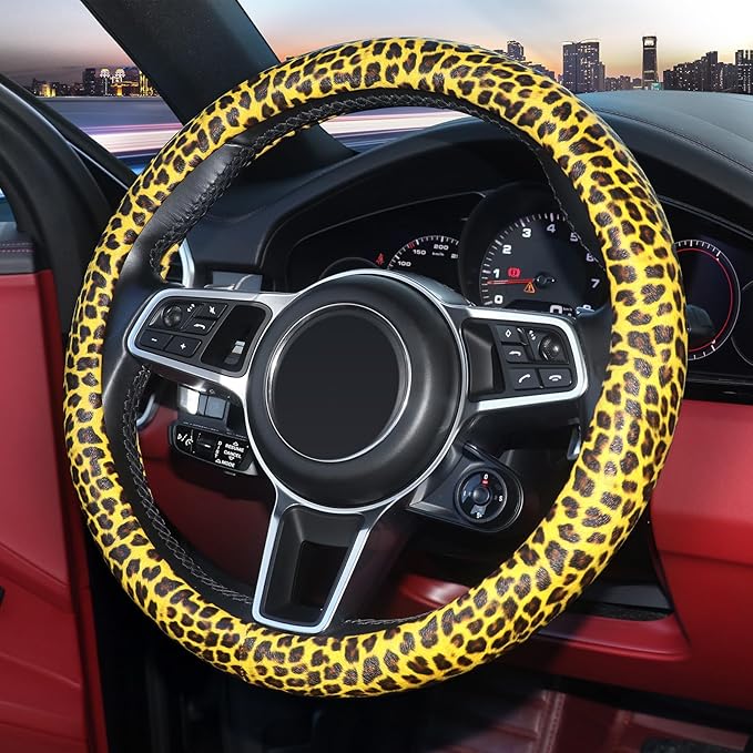 ZHOL Leopard-Cheetah Print Steering Wheel Cover,Made of PU Leather and Leopard Print Fabric,Non-Slip and Breathable Design,Suitable for Both Men and Women,Universal 14.5-15 inches (Black&Yellow)
