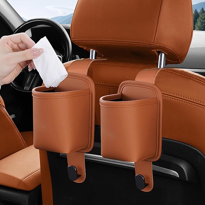 2-Pack Car Seat Back Cup Holder Organizer, Faux Leather Car Cup Holders with Hooks, Universal Backseat Storage for Drinks, Bottles & Travel Accessories (Orange)
