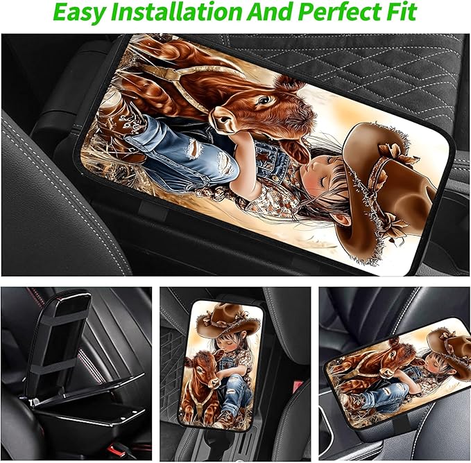 JANENFNA Car Armrest Cover Pads Universal Fashion Cute Auto Center Console Armrest Cover Pad with 2PCS Car Coasters Soft Waterproof Car Armrest Seat Protector for Women,Girl Baby Cow