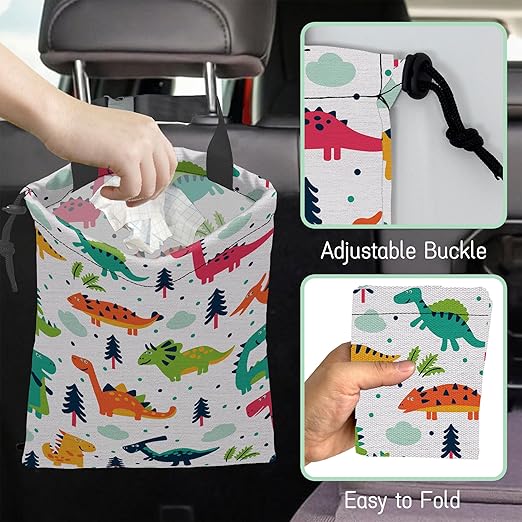 NHNXHWIA Cartoon Dinosaurs Car Trash Bag,Hanging Drawstring Car Garbage Bag,Waterproof Canvas Car Back Seat Organizer with Adjustable Buckle,for Vehicles,SUVs,Camping,Road Trips