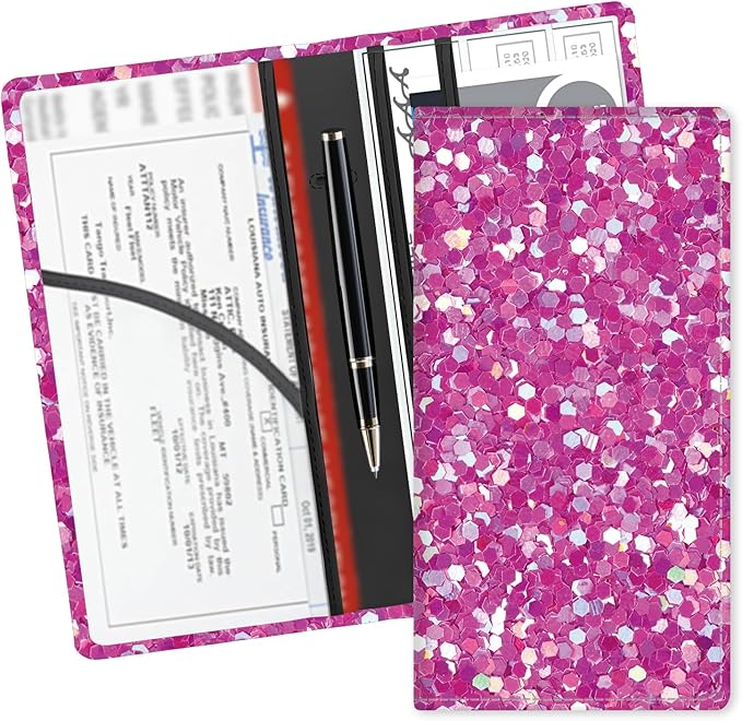 ADUQLZUX Leather Car Registration and Insurance Card Holder, Cute Car Accessories Vehicle Glove Box Car Organizer for Documents, Cards, License Glitter Purple Pattern
