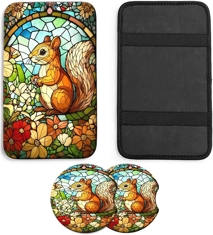 JANENFNA Car Armrest Cover Pads Universal Fashion Cute Auto Center Console Armrest Cover Pad with 2PCS Car Coasters Soft Waterproof Car Armrest Seat Protector for Women,Stained Glass Squirrel