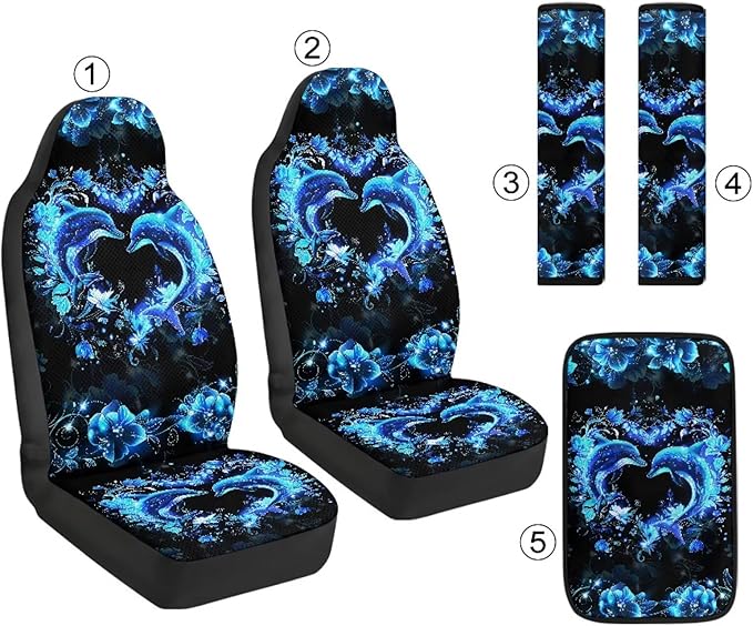 Psesaysky Dolphin Heart Car Accessories 5-Piece Set, Car Seat Protector Set, 2 Front Seat Covers, 2 Seat Belt Sleeves, 1 Armrest Pad Auto Interior Protection Set