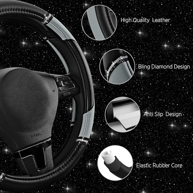 Road Comforts Leather Steering Wheel Cover - Made with PVC Leather - Anti-Slip, Universal Fit 14 1/2 inches to 15 inches - Gray