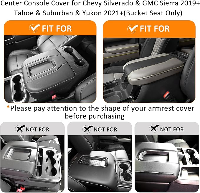 Center Console Cover for Chevy Silverado/GMC Sierra Accessories 2019-2026, Tahoe & Suburban & Yukon 2021-2026 Armrest Cover Middle Console Leather Protector Pad (Bucket Seat Consoles)(Blue Stitches)