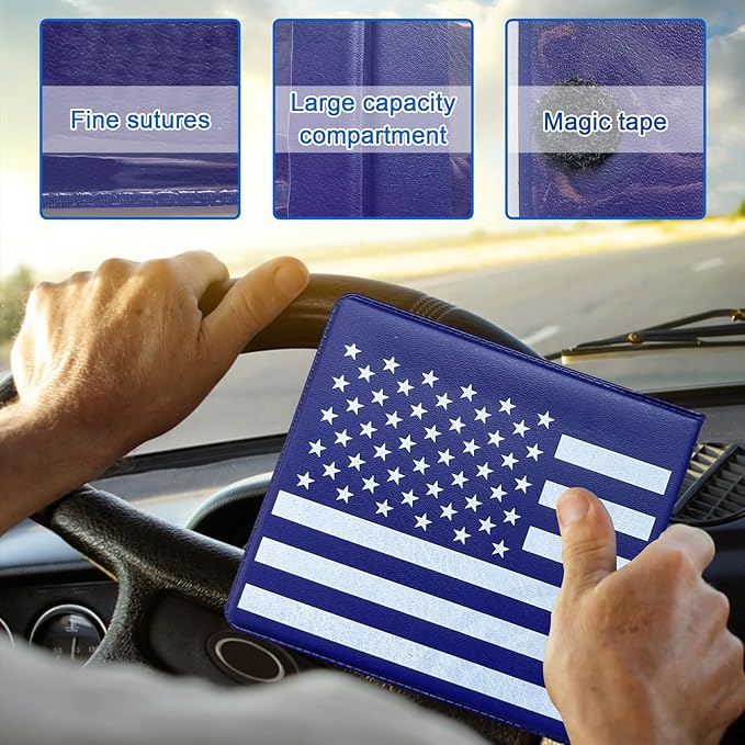 Ziciner Car Registration Insurance Holder, 2Pack Essential Auto PVC Card Document Glove Box Organizer with Velcro Closure, Universal Car Accessories for Men & Women (Blue/Back Flag)