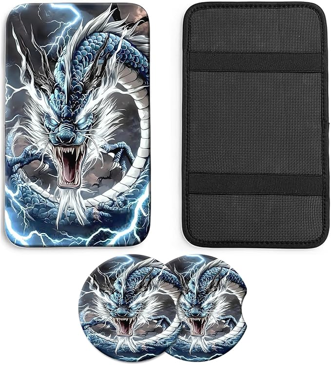 JANENFNA Car Armrest Cover Pads Universal Fashion Cute Auto Center Console Armrest Cover Pad with 2PCS Car Coasters Soft Waterproof Car Armrest Seat Protector for Women,Thunder Dragon-A