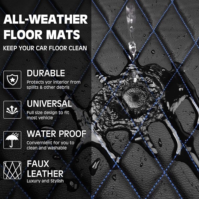 CAR PASS Faux Leather Floor Mats for Cars, Luxury Waterproof All Weather Car Mats Full Set, Anti-Slip Deluxe Automotive Mats Universal Fit for Most SUV,Vans,Sedans,Trucks, 4 Piece Black and Blue
