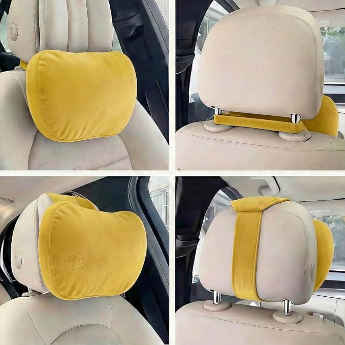 2PCS Car Pillow for Car Neck Pillow for Driving Seat Leather Neck Support Soft Cushion Back Support Head-Rests for Vehicle Sleeping with Elastic Adjustment Strap (Golden, Head)