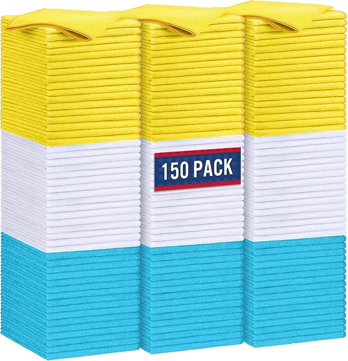 GLIMGLINT Microfiber Cleaning Cloth, 150 Pack Cleaning Rags, Cleaning Towels with 3 Color Assorted, 14"X12"