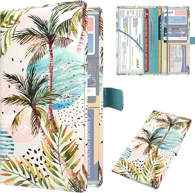 DMLuna Car Registration and Insurance Holder, Leather Vehicle Card Document Glove Box Organizer, Auto Truck Compartment Accessories for Essential Information, Driver License Cards, Coconut Tree