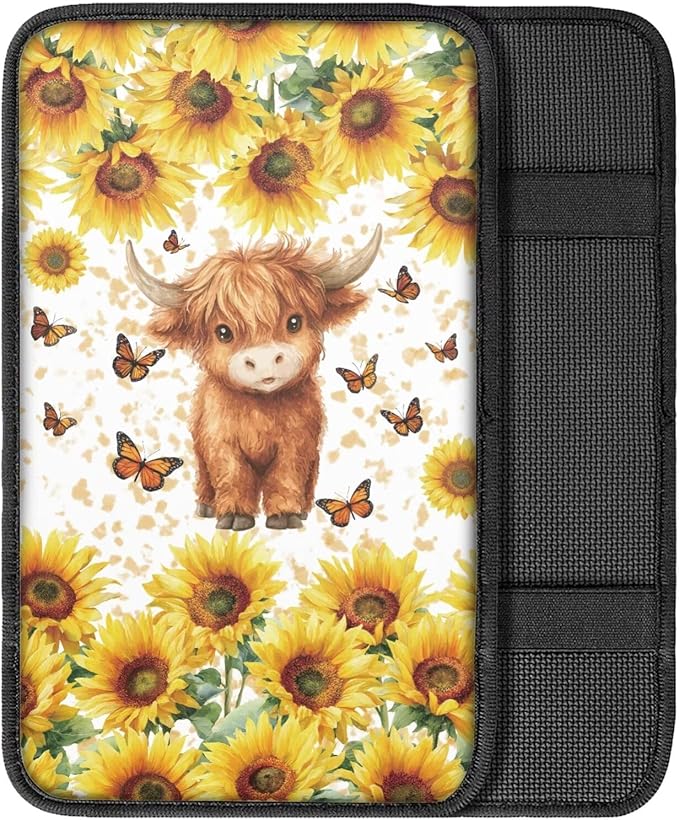 Floral Highland Cow Car Center Console Cover Cute Cattle Automotive Center Console Cushion Protector Non Slip Armrest Box Pad Cute Cow Car Accessories for Women Girls