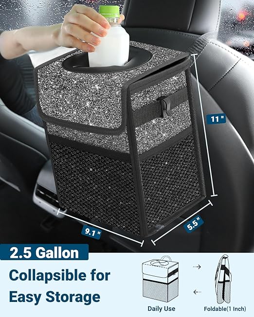 Capolo Car Trash Can with Lid, Leakproof Car Trash Bag Hanging Waterproof Automotive Garbage Can with Storage Pockets Mini Vehicle Trash Bin for Back/Front Seat(Sparkly Black,2.5 Gallon)
