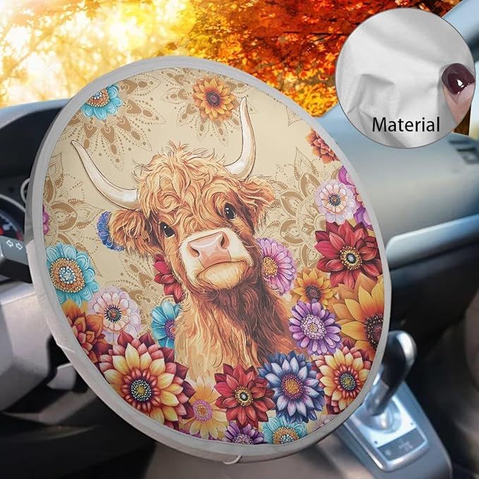 Highland Cow Steering Wheel Sun Cover 17 Inch Fashion Vehicle Steering Wheel Shade Cover for Summer Keep Your Car Cool Summer Essential Gift for Holiday