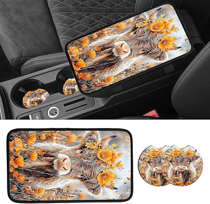JANENFNA Car Armrest Cover Pads Universal Fashion Cute Auto Center Console Armrest Cover Pad with 2PCS Car Coasters Soft Waterproof Car Armrest Seat Protector for Women,Cow with Yellow Flowers