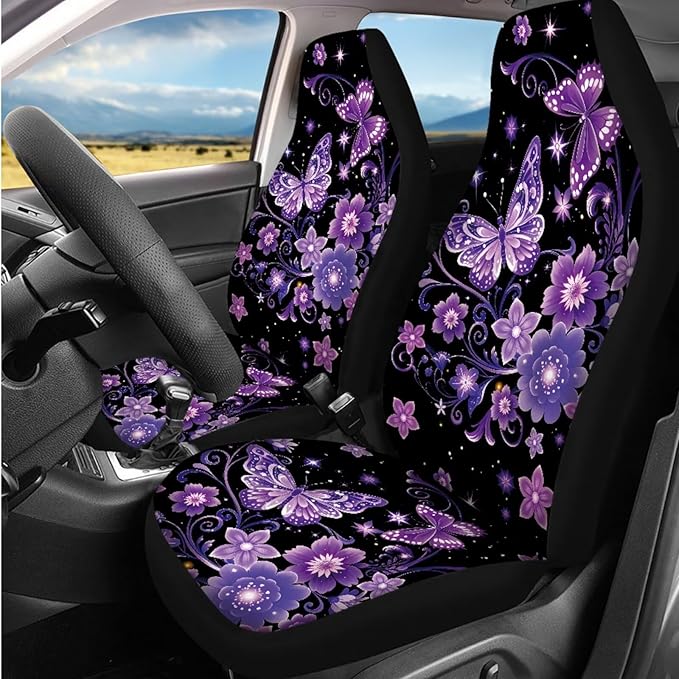 Dngkaoje Purple Butterfly Car Seat Covers Full Set 13 Pack Neon Purple Butterfly Car Accessories Set with Steering Wheel Covers,Universal Collapsible Garbage Bin,Cup Holders,Armrest Cushion Pad