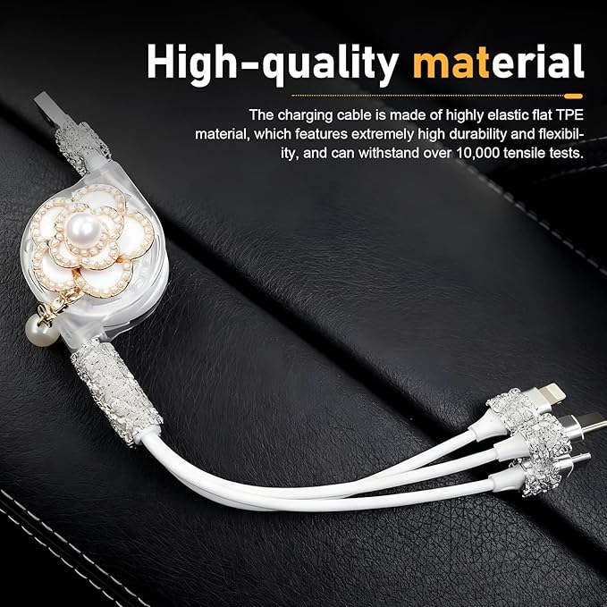 Car Retractable Multi Charging Cable, 3 in 1 Fast Charger Cord, Camellia Patterned/Heart-shaped Diamond-studded Car Charger Cable, Stylish for Women, Compatible with Phone, Tablets (White)