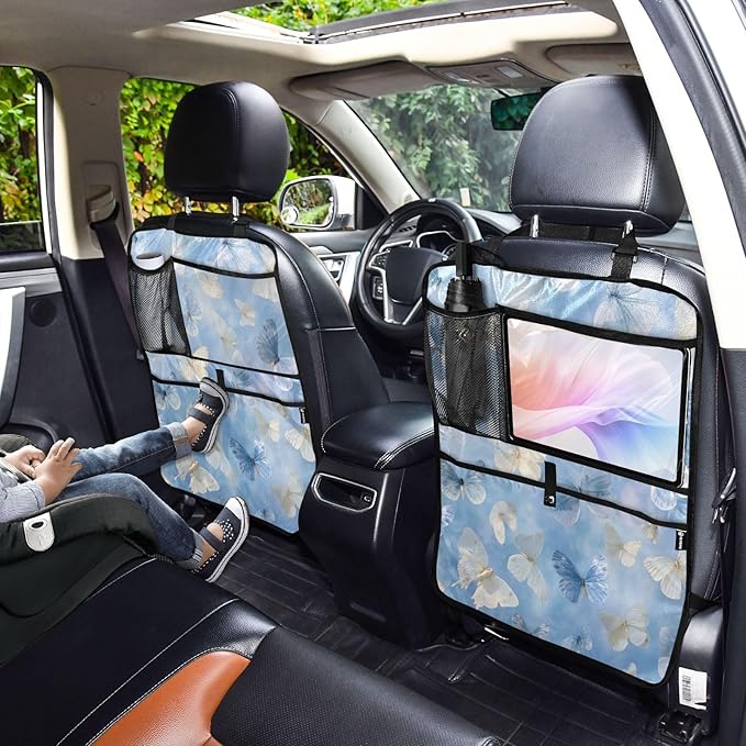 1 Pack Back Seat Car Organizer with Storage Pockets Kick Mats Back Seat Protector Hanging Car Organizer Automotive Seat Back Cover Organizers Sky Blue and White Butterflies