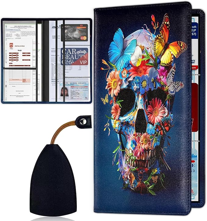 Car Registration Holder, Waterproof PU Leather Vehicle Card Document Glove Box Organizer, Women Interior Auto Accessories Case for Cards, Driver License Car Insurance Holder, Flower Butterfly Skull