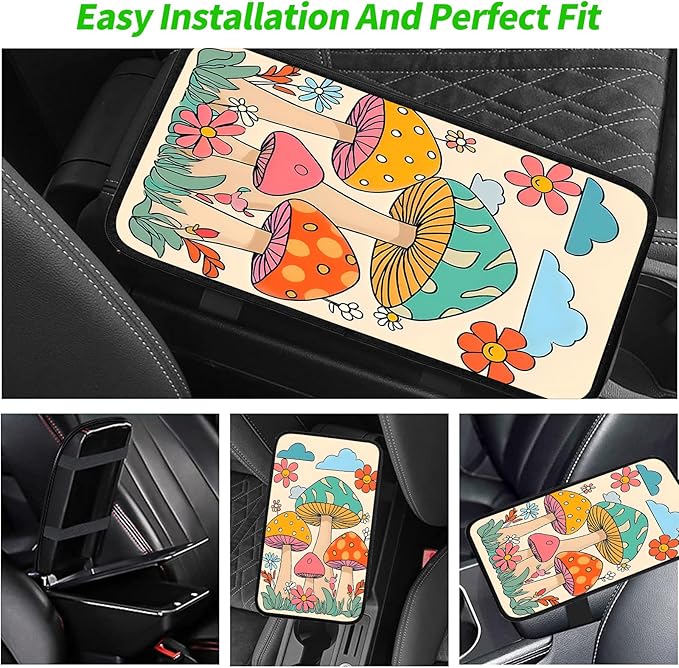 JANENFNA Car Armrest Cover Pads Universal Fashion Cute Auto Center Console Armrest Cover Pad with 2PCS Car Coasters Soft Waterproof Car Armrest Seat Protector for Women,Cute Mushrooms
