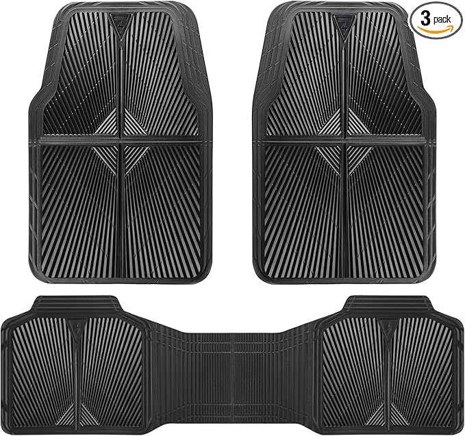 CAR PASS Rubber Floor Mats, All Weather Waterproof Trim-to-Fit Automotive Mats for Cars Trucks SUV, Anti-Slip Easy Clean, Heavy Duty Full Set 3-Piece, All Black