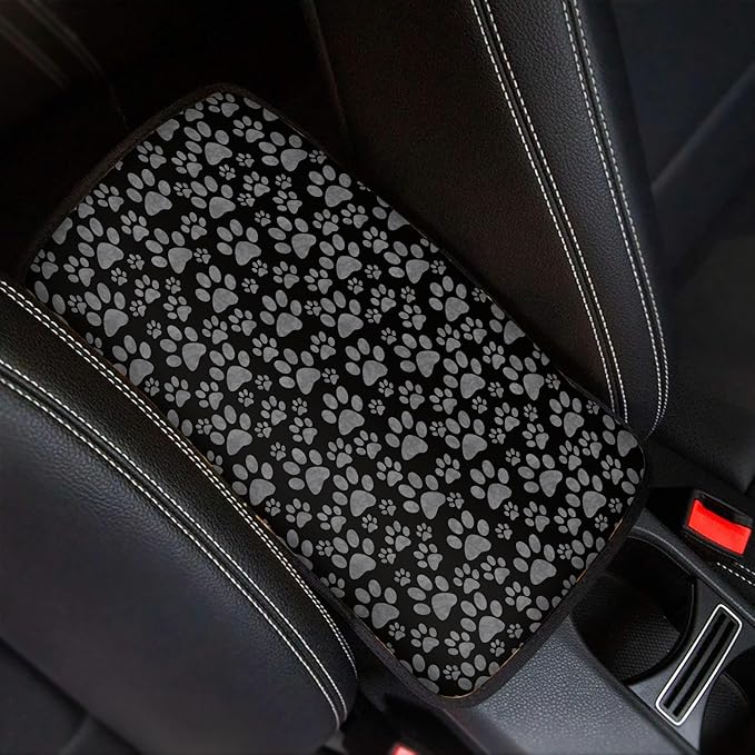 Gray Dog Paws Print Car Center Console Cover for Women,Puppy Paws Design Auto Armrest Cover Cushion