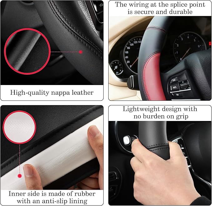 Wine Red Car Steering Wheel Cover, Nappa Leather, Bottom Color Blocking, Universal 14.5-15 Inch Leather Anti-Slip Breathable Auto Steering Wheel Covers for Men Women