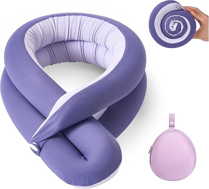 KPNEOL Travel Pillow, Neck Pillow – Ergonomic Memory Foam Pillow for Airplane, Adjustable & Ultra-Lightweight with Dual-Sided Fabric for Flight, Car, and Office Use, Purple