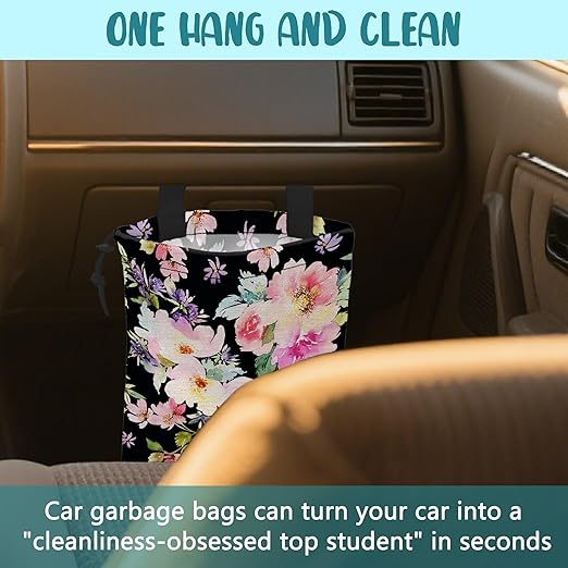KXWQTRDD Car Trash Bag Watercolor Pink Flowers Leak-Proof Waterproof Car Garbage Bag with Drawstring Foldable Canvas Trash Bin with Adjustable Buckle for Car Accessories, Travelling, Camping