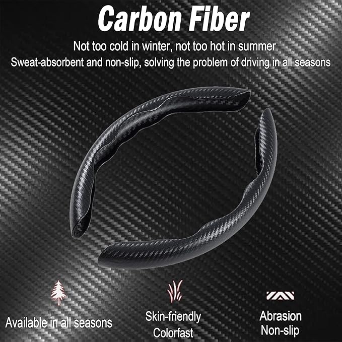 LevChall Carbon Fiber Steering Wheel Cover, 2-Piece Set Anti-Skid Comfortable Grip Segmented Butterfly Design, Easy Snap-On Installation Universal Fit 99% Cars, Black