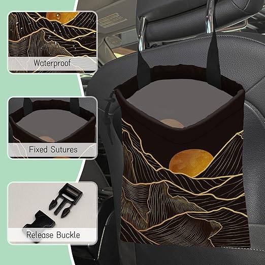 NHNXHWIA Gold Mountains Car Trash Bag,Hanging Drawstring Car Garbage Bag,Waterproof Canvas Car Back Seat Organizer with Adjustable Buckle,for Vehicles,SUVs,Camping,Road Trips