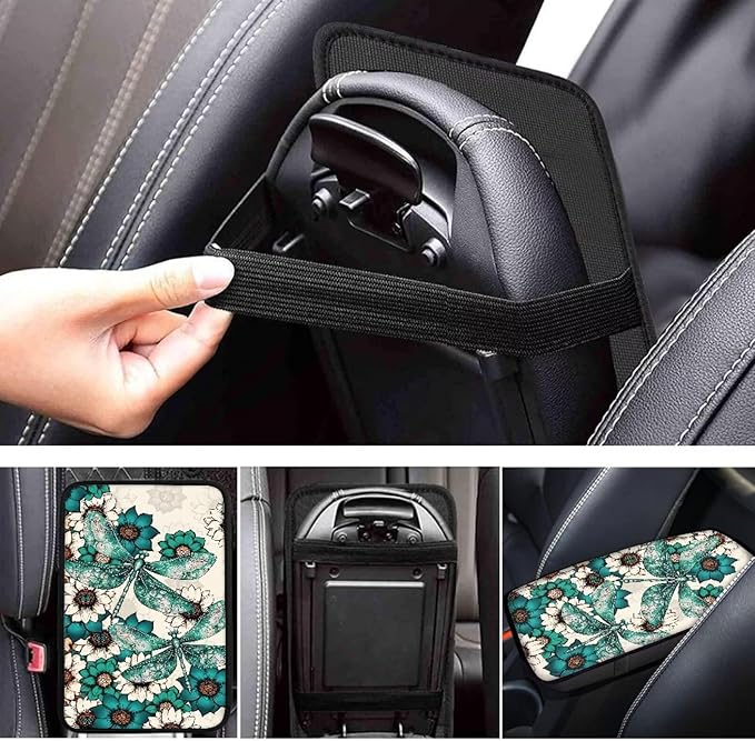 Dahlia Dragonfly Center Console Cover for Cars Vintage Car Armrest Cover Auto Armrest Box Cover Floral Dragonfly Cars Interior Accessories for Vehicle Trucks SUV