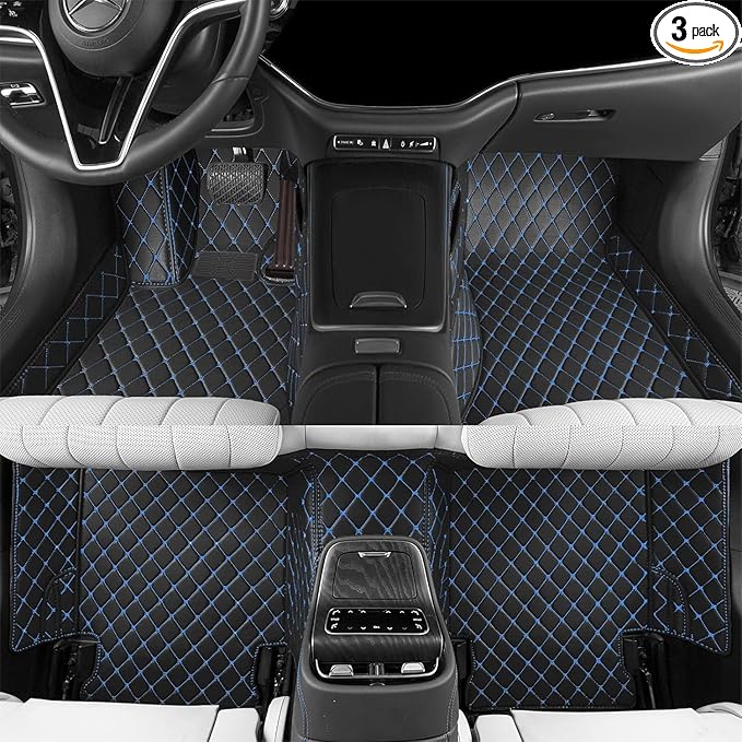 Custom Car Floor Mats Fit 96% Car Model Luxury Leather Waterproof Anti-Skid Full Coverage Liner Front Rear Mat/Set (Black Blue Line)