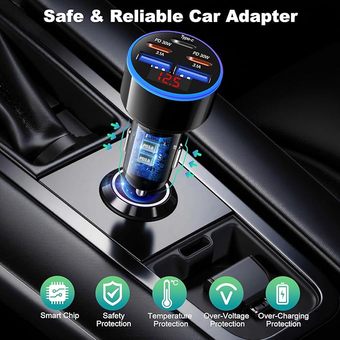 90W 5-Port USB C Car Charger, OKRAY 3-Pack Super Fast Charging PD30W 12v Cigarette Lighter Adapter USB-C&USB-A Multiport Car Phone Charger with Volt Meter for iPhone 17 16 15 14, iPad, Galaxy S25 A16