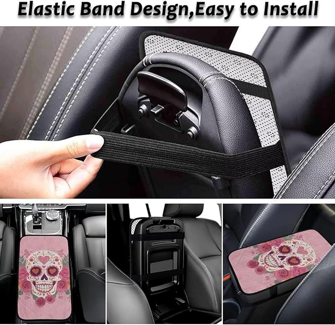 Bulopur Valentine's Day Skeleton Rose Center Console Cover Easy to Install Car Armrest Cushion Flannel Protector Protect from Pet Claws Thickened Universal Fit for Vehicles,Cars,Suvs,Vans,Sedans