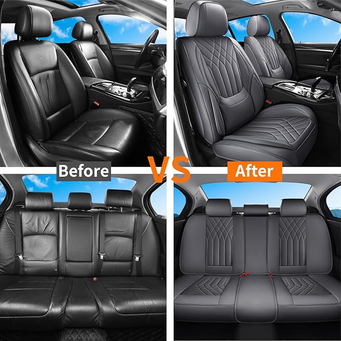 GEZHOUBA Full Coverage Car Seat Covers Full Set Waterproof, Luxury Leather Automotive Seat Covers Car Seat Protector, Front & Rear Seats Cover Sets Universal Fit for Most Vehicles Sedans SUVs, Gray