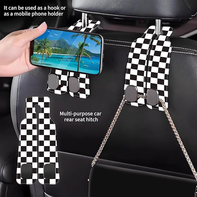 AEWNUNK Car Headrest Purse Hanger Black and White Checkered 1 Pack Bag Purse Holder for Car Premium Leather Double Metal Hook for Handbags, Grocery Bags and Phones