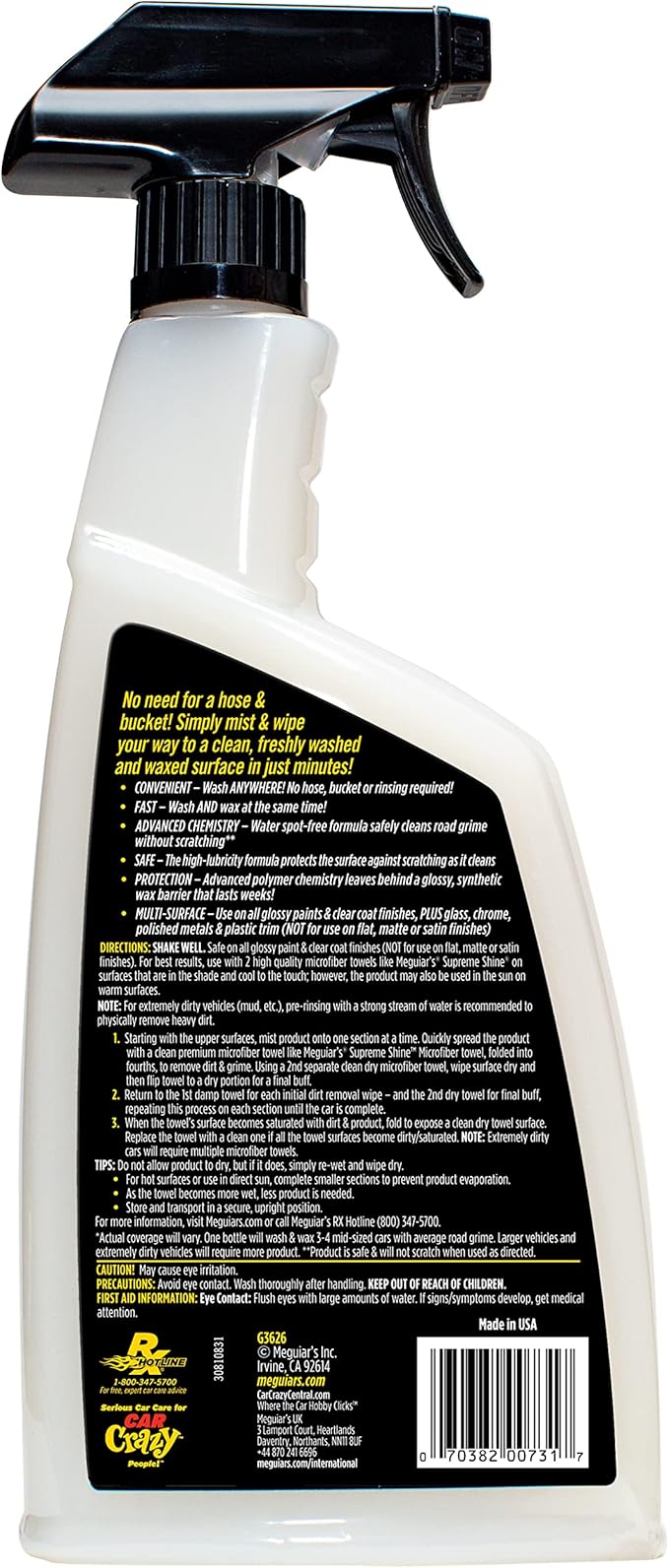 Meguiar's Ultimate Waterless Wash & Wax - High-Efficiency Car Care Solution for Shine and Protection, Ideal for Water-Free Car Cleaning and Quick Detailing, Perfect for Car Care Enthusiasts