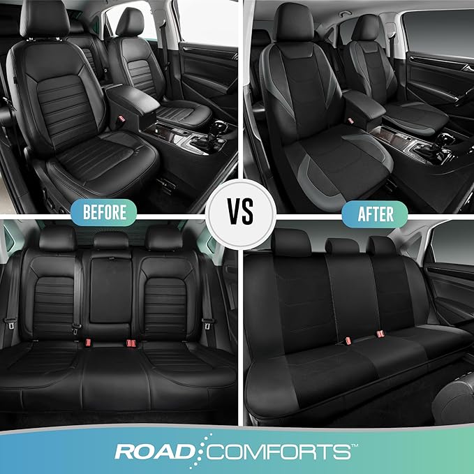 Road Comforts Car Seat Cover Full Set, Leather Mesh Seat Covers, Airbag Compatible, Universal Fit for Most Cars, SUVs, Trucks, and Vans - Gray