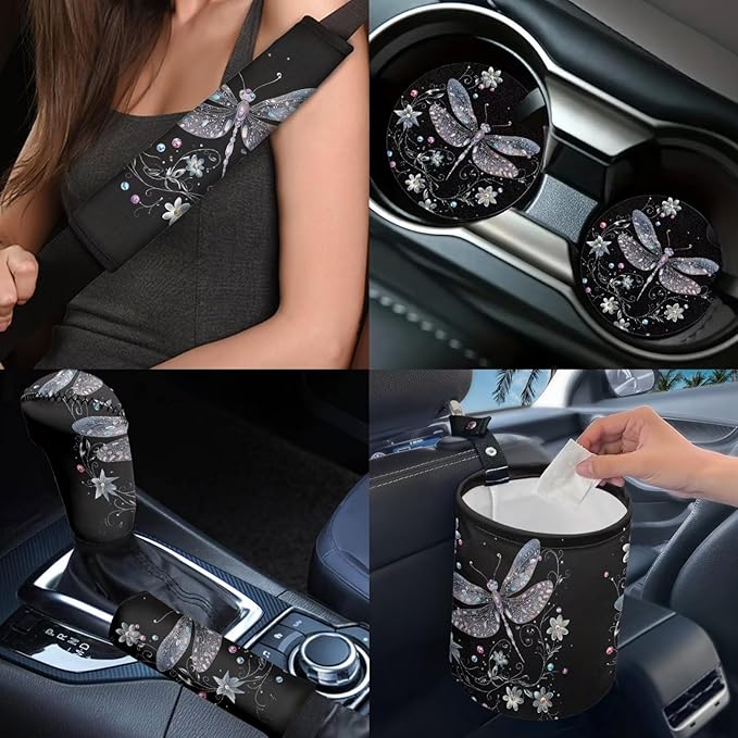 Dngkaoje Dragonfly Car Seat Covers Full Set 13 Pack Women Auto Interior Seat Protective for Front and Rear Art Dragonfly Car Accessories for Ladies Girly Hanging Trash Bag,Seatbelt Pads,Armrest Pad