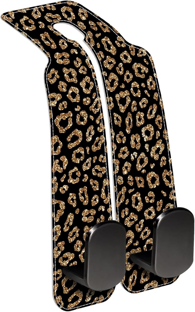 Car Headrest Purse Hanger Abstract Gold Glitter Leopard 1 Pack Bag Purse Holder for Car Premium Leather Double Metal Hook for Handbags, Grocery Bags and Phones